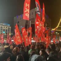 A crowd of protesters in a public square in Ankara, Tukey.